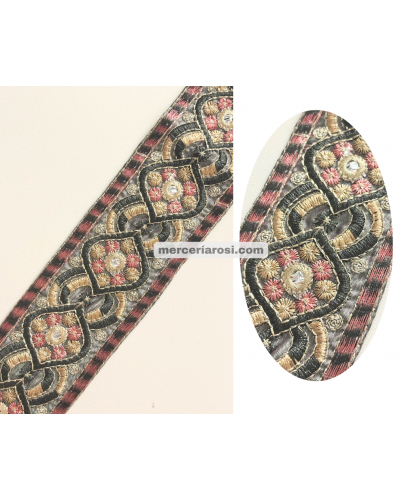 Galón bordado metalizado rombo Rosa palo/Verde botella