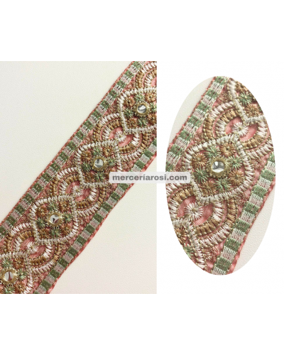 Galón bordado metalizado rombo Rosa / Verde